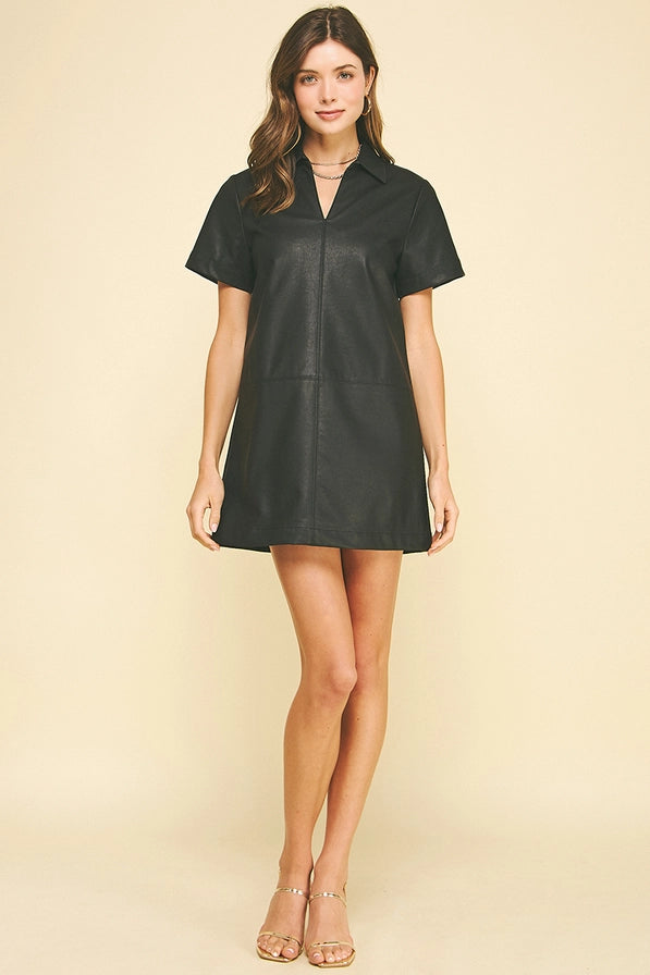 Leather Tunic Mini Dress Black