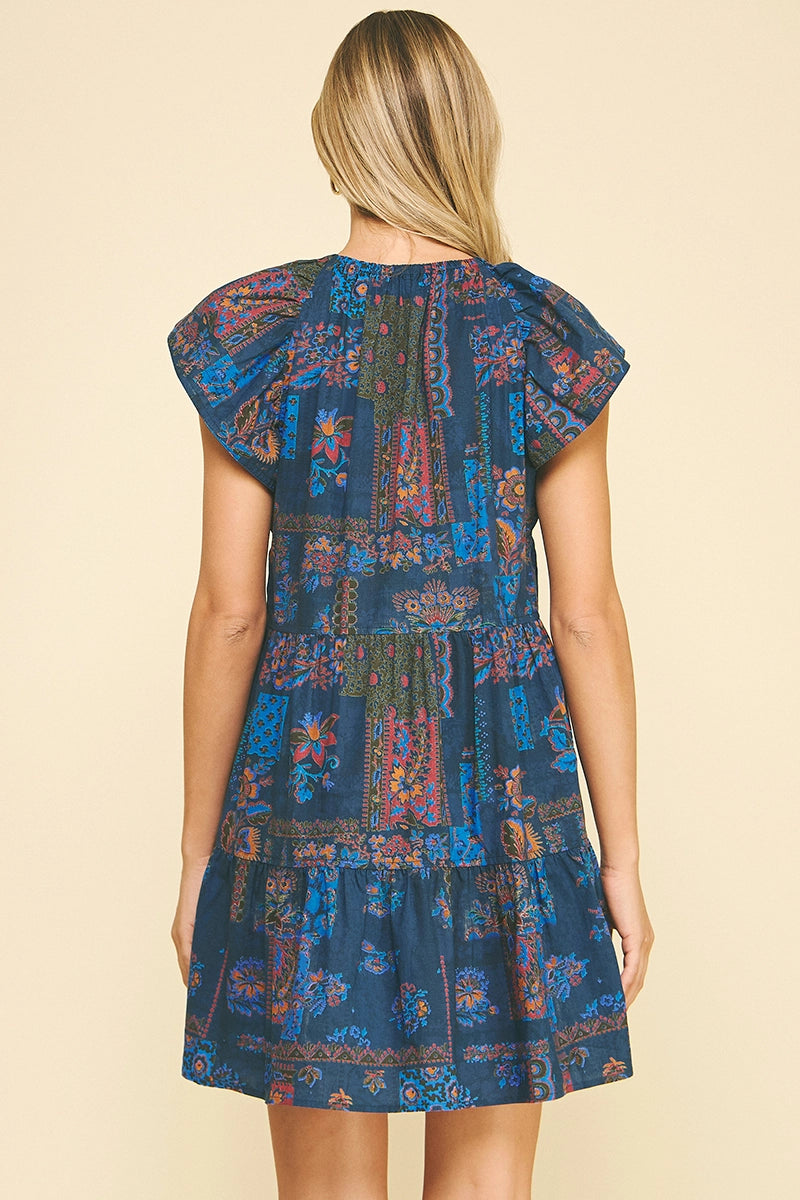 Print Tie Front Mini Dress Blue Multi