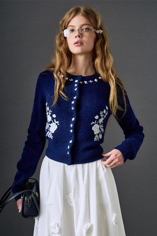 Floral Embroidery Cardigan Navy/White