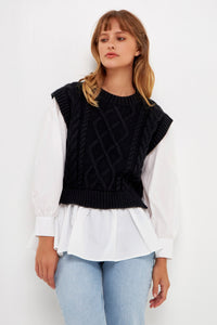 Mixed Media Cable Sweater Black White