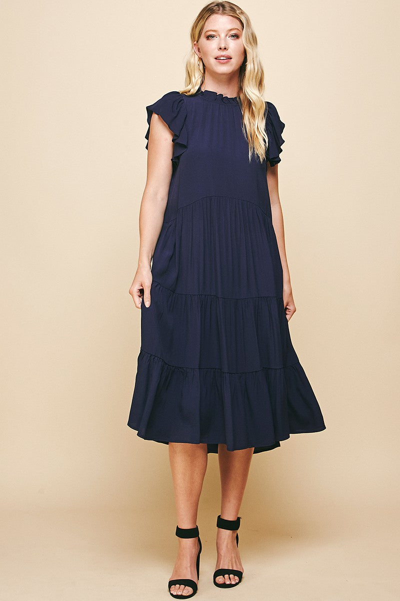RUFFLE CAP SLEEVES BACK BUTTON CLOSURE SIDE POCKETS