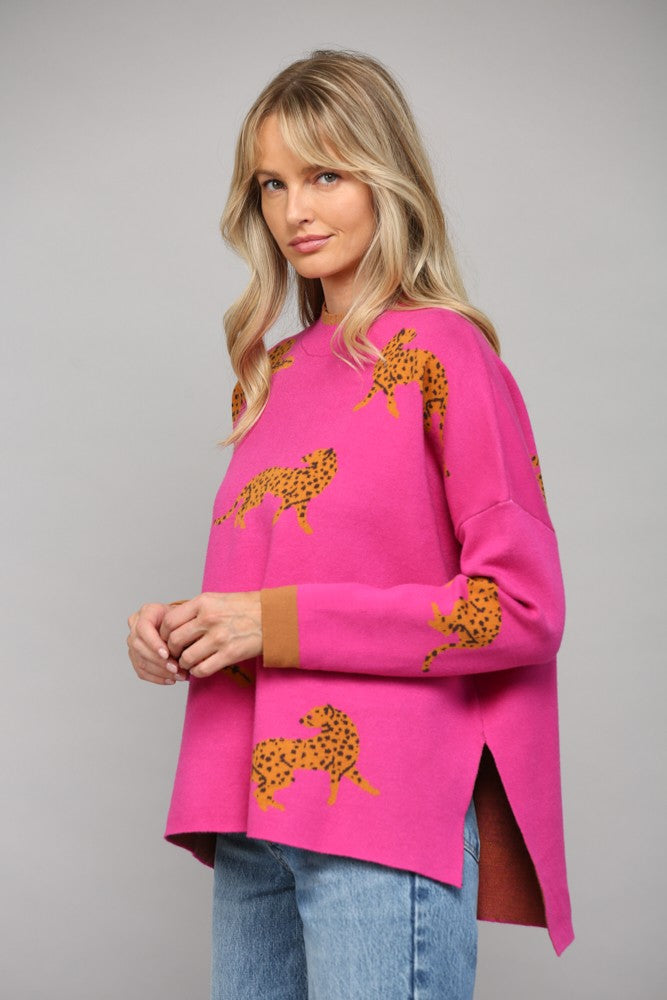 Pink Leopard Mock Neck Sweater