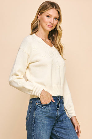 Vneck Flower Embroidery Sweater Ivory