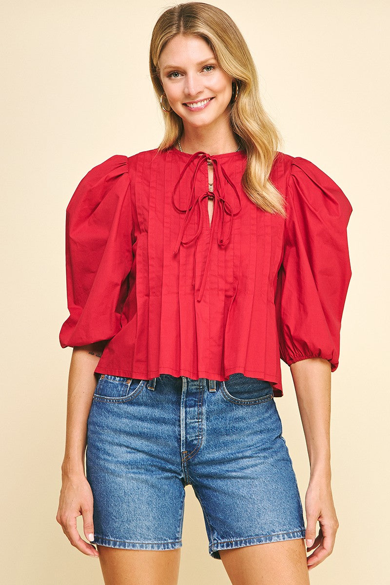 Puff Sleeve Front Tie Top Deep Red