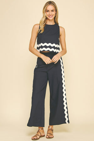 Embroidered Detail Wide Leg Pants Navy