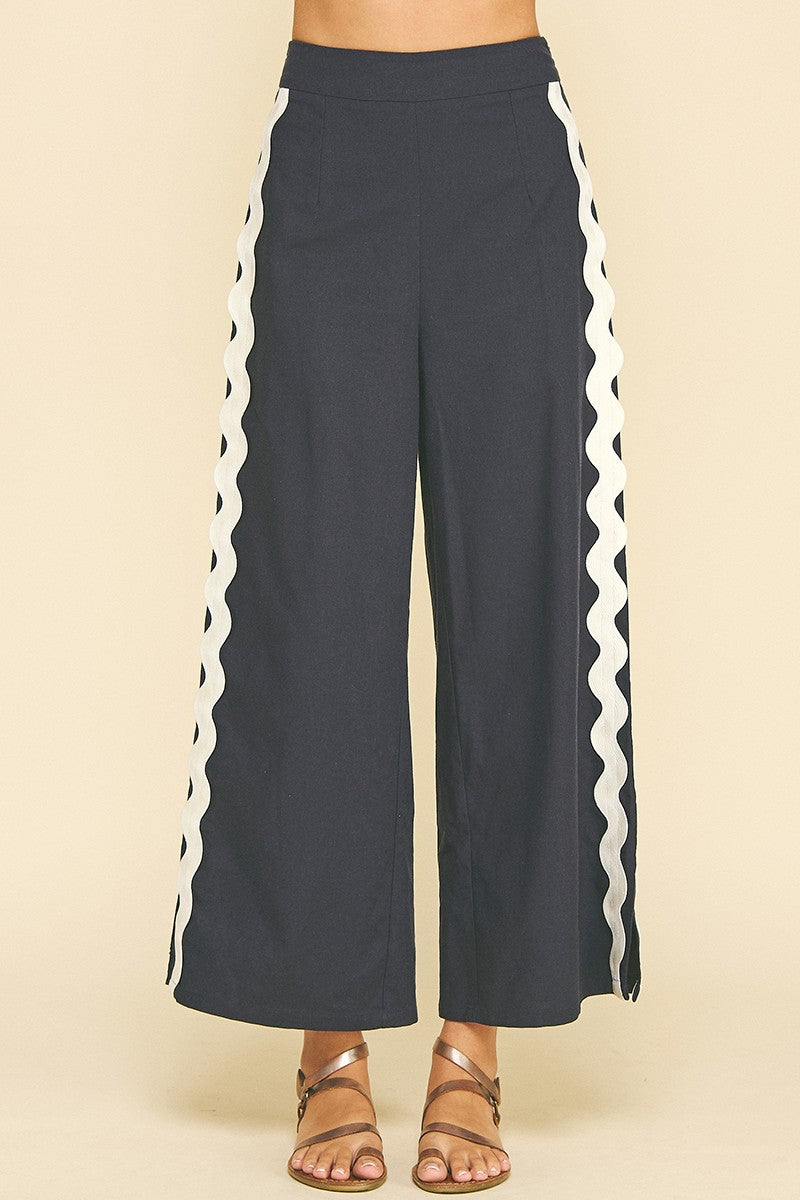 Embroidered Detail Wide Leg Pants Navy