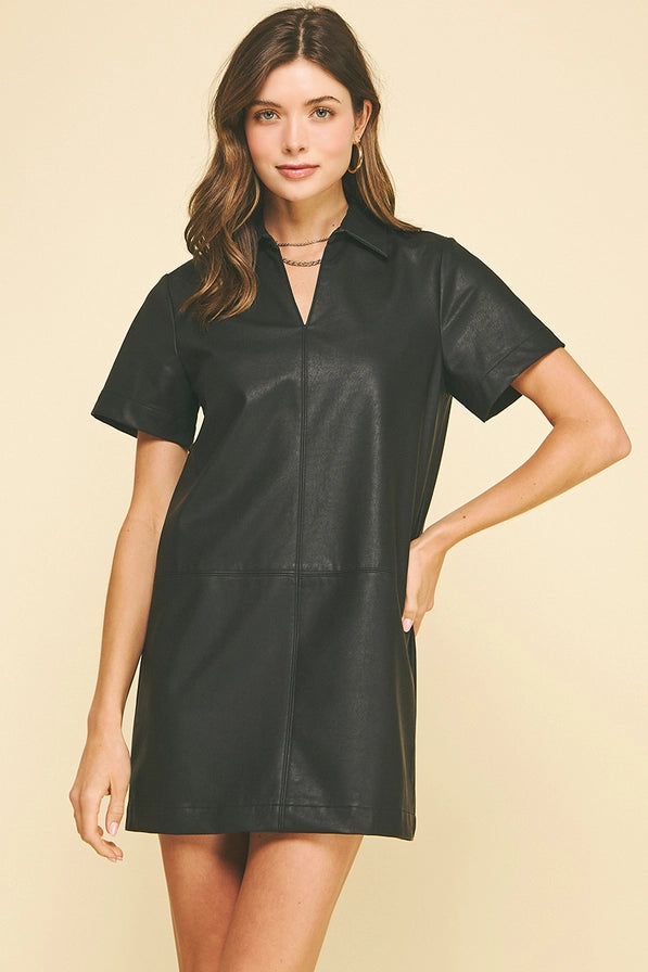 Leather Tunic Mini Dress Black