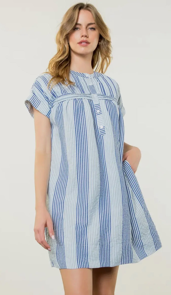 Short Sleeve Striped Dress Blue