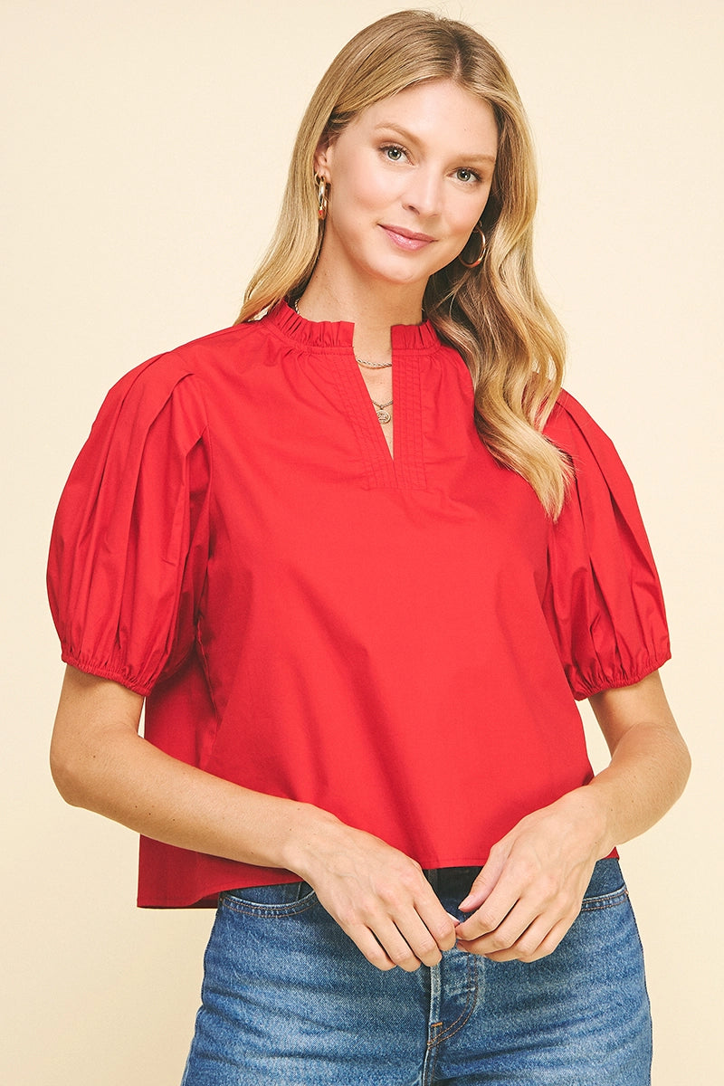 SS Vneck Woven Top Fiery Red