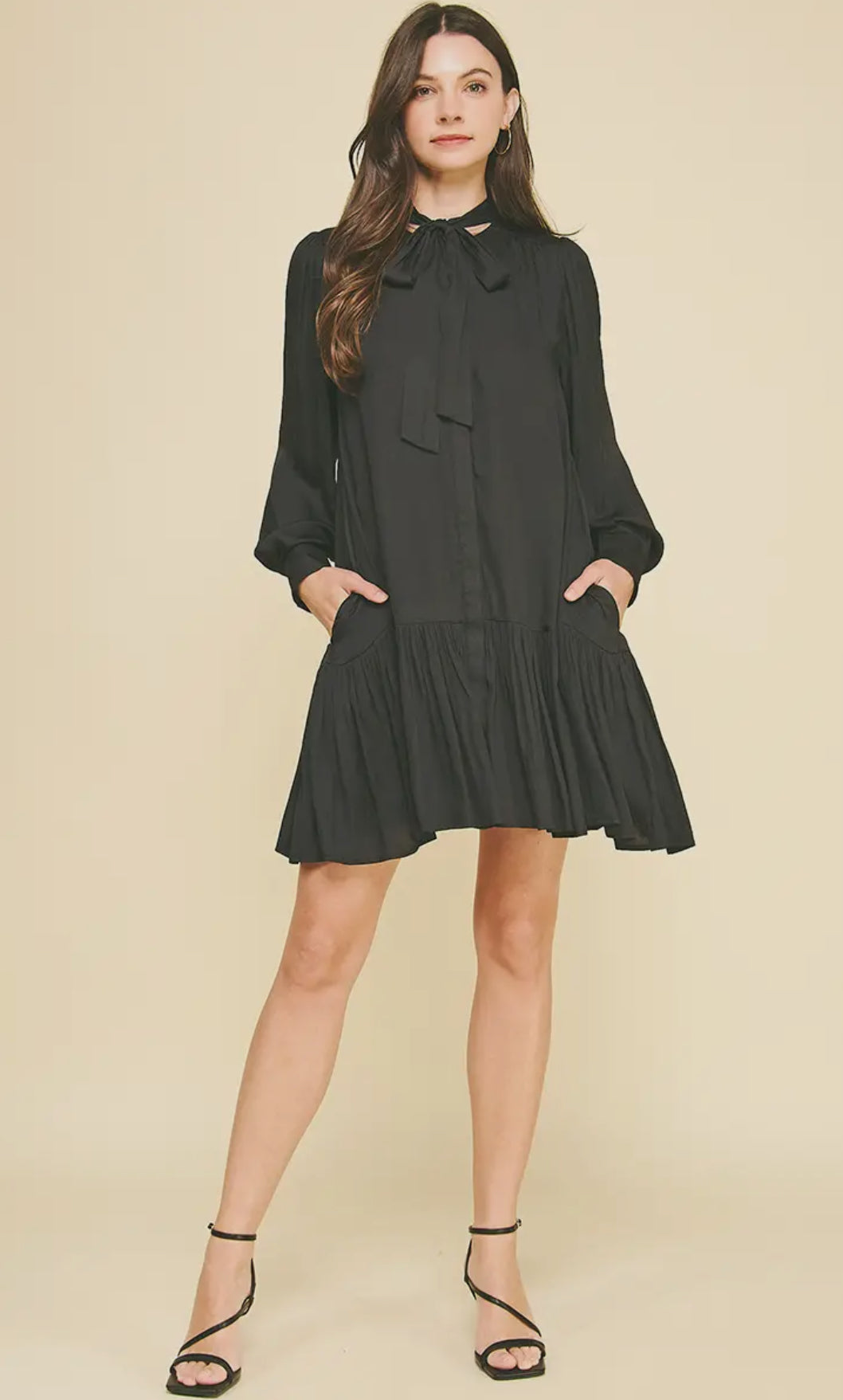 Tiered Mini Dress with Tie Neck Black