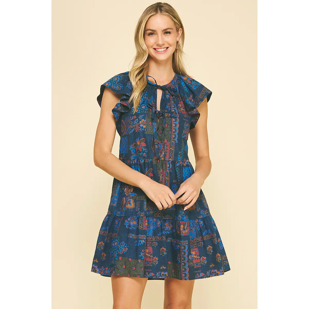 Print Tie Front Mini Dress Blue Multi