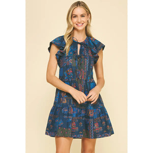 Print Tie Front Mini Dress Blue Multi