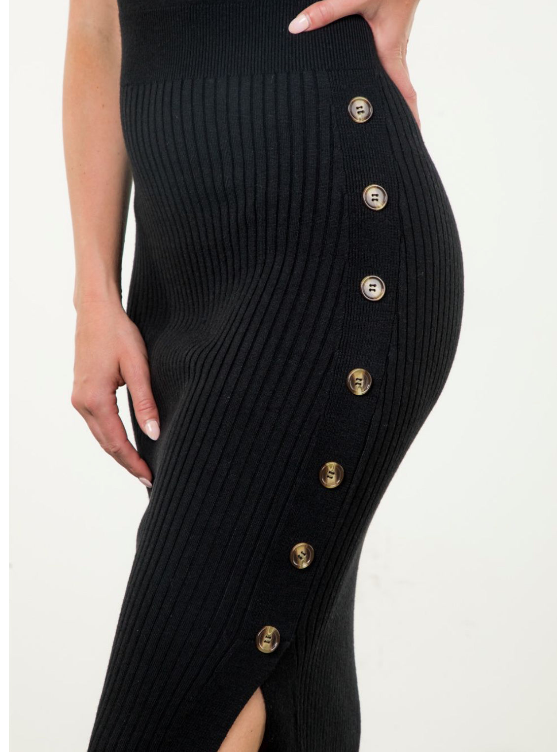 Turtleneck Midi Dress w/ Buttons Black