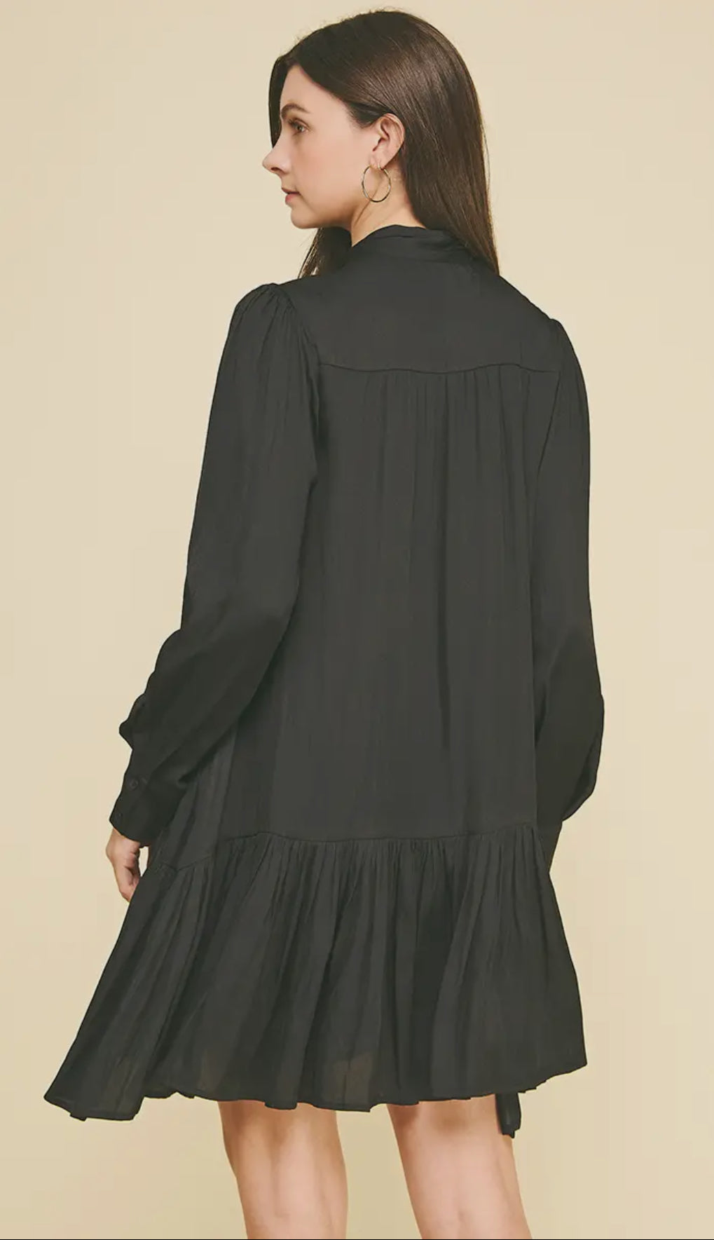 Tiered Mini Dress with Tie Neck Black