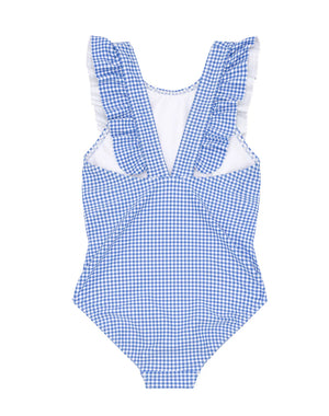 Girls Blue Micro Gingham Ruffle One Piece