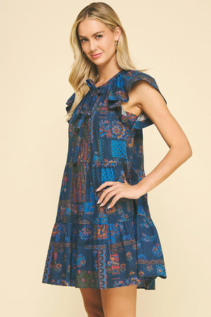 Print Tie Front Mini Dress Blue Multi