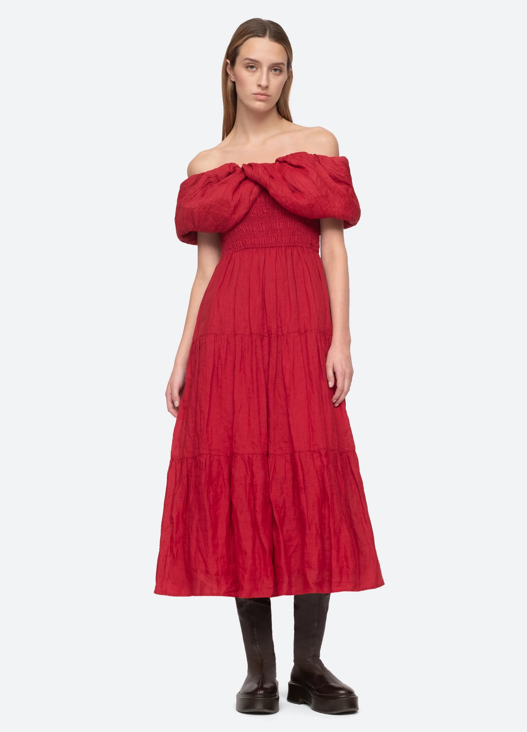 The Loren off the shoulder dress features an oversized off the shoulder draped shawl with smocked bodice and tiered skirt.  Details:  self-100% ramie lining-100% cotton invisible back zipper