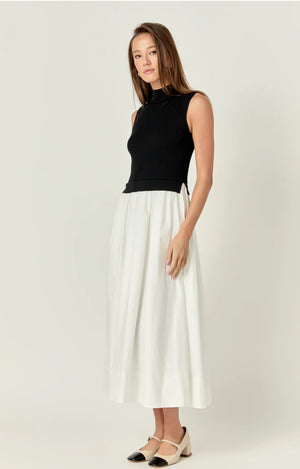 Sleeveless Mixed Media Midi Dress Black/White