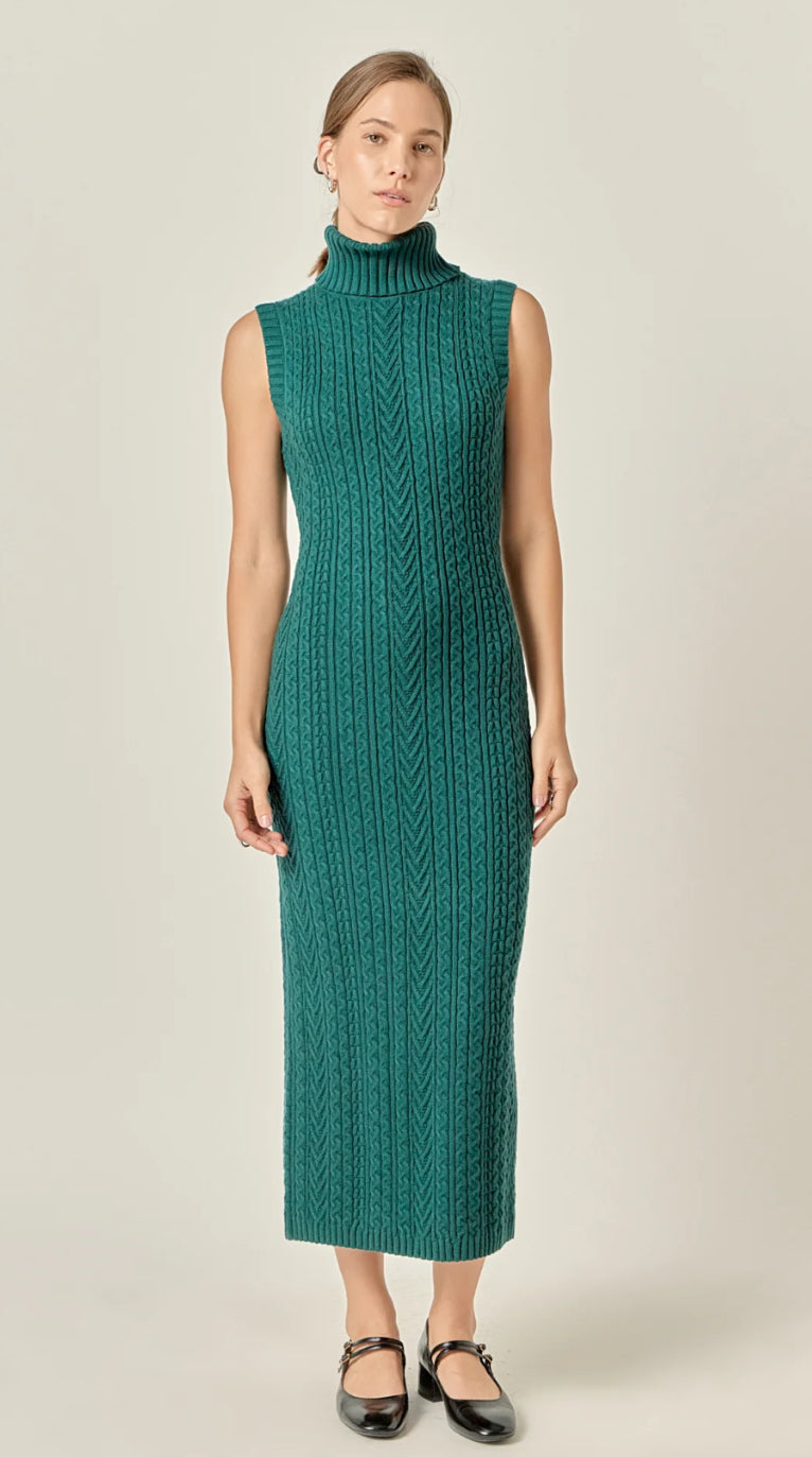 Cable Knit Mock Neck Midi Dark Green
