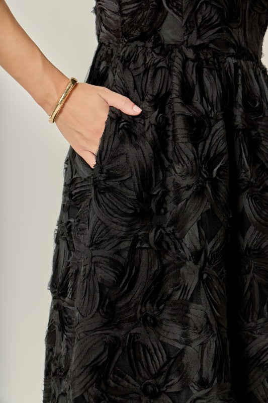 Flower Embellished Midi Dress Black