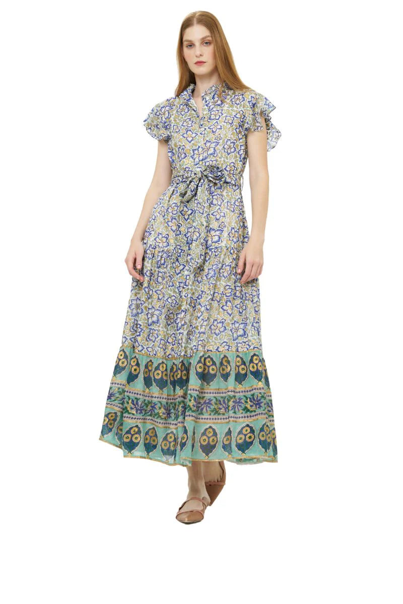 Ruffle Collar Button Maxi Ivy Cobalt