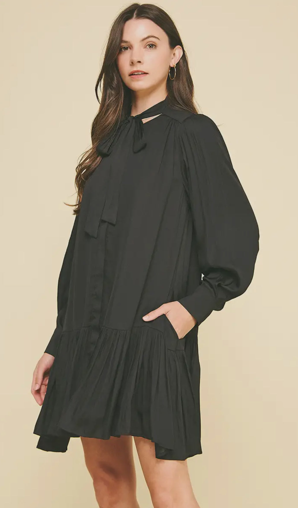 Tiered Mini Dress with Tie Neck Black