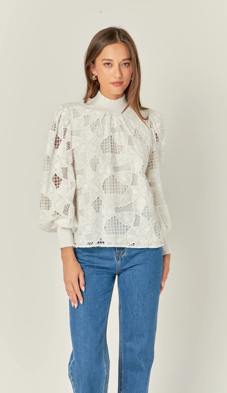 Embroidered Smocked Neck Cotton Blouse White