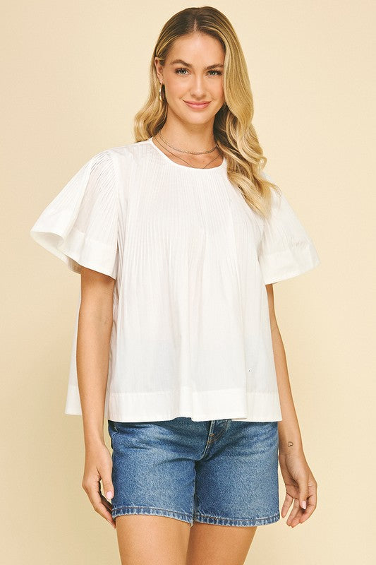 Pleated Detail Short Sleeve Top White