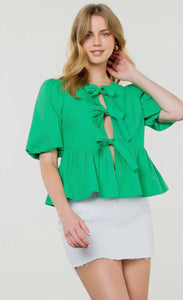 Puff Sleeve Front Tie Top Green