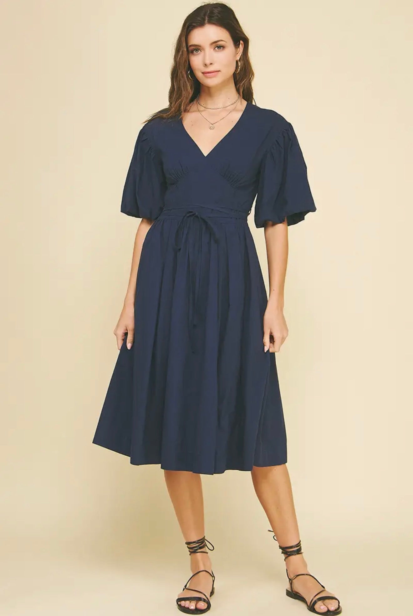 long sleeve midi dress v neck V-Neck Bubble Navy _okendo:syndication_key:CL135910327 This stylish dress features High Low Ruffle Maxi COLOR:Skyline Blue