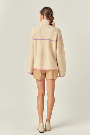 Contrast Piping Quarter Zip Sweater Lavender Multi