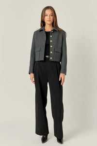 Gold Button Cropped Jacket Charcoal