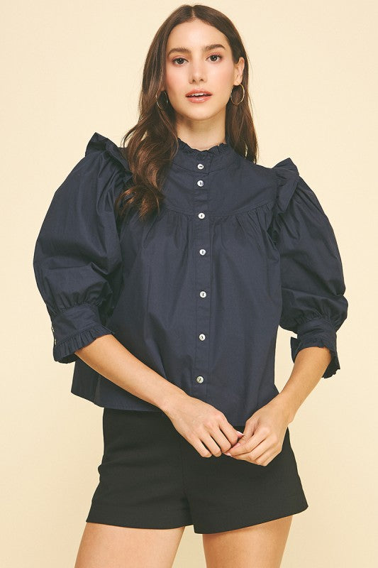 Ruffled Button Down Blouse Deep Navy
