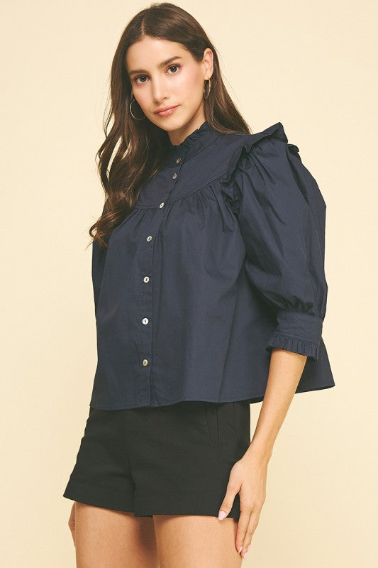 Ruffled Button Down Blouse Deep Navy
