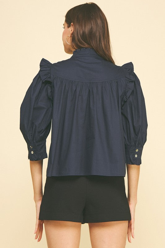 Ruffled Button Down Blouse Deep Navy