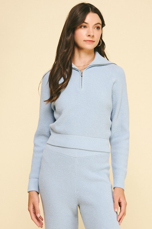 Waffle Knit Zip Up Dusty Blue