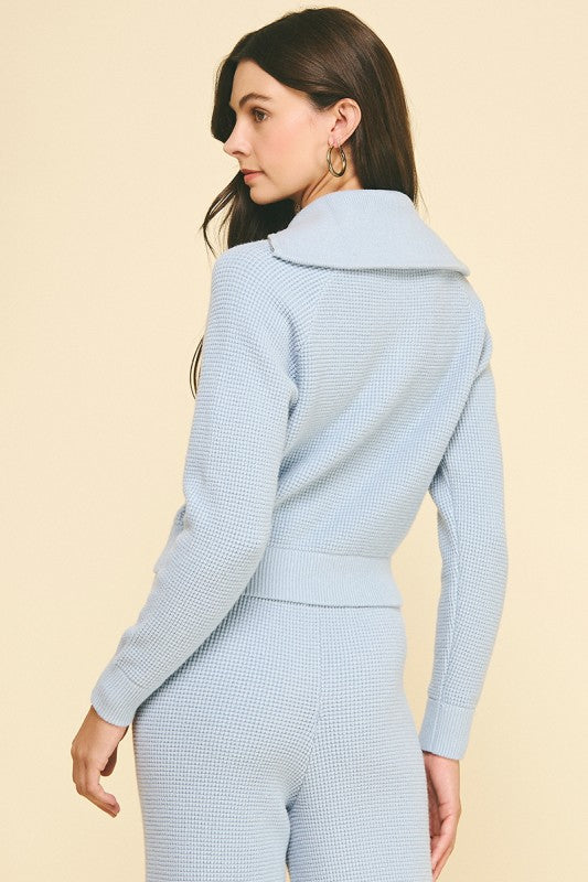 Waffle Knit Zip Up Dusty Blue