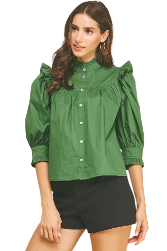 Ruffled Button Down Blouse Fall Green