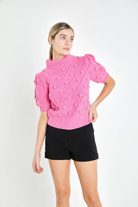 Pom Pom Puff Sleeve Sweater-PINK