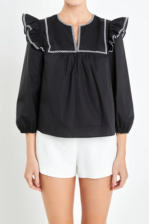 Contrast Embroidery Top Black/White
