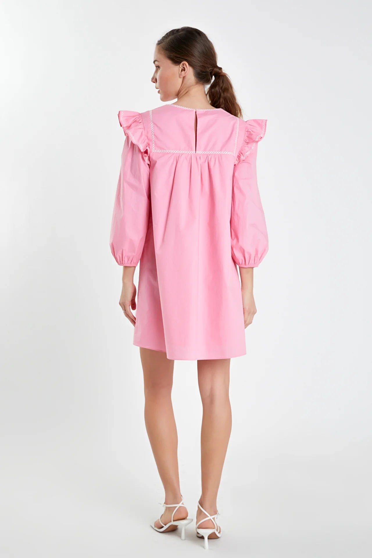 Contrast Embroidery Mini Dress Pink/White