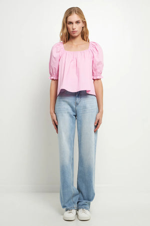 Square Neck Puff Sleeve Top Pink