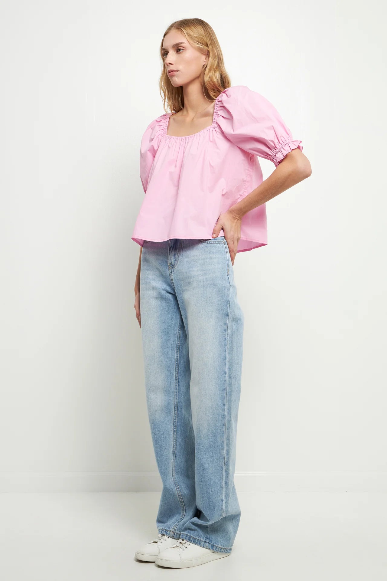 Square Neck Puff Sleeve Top Pink