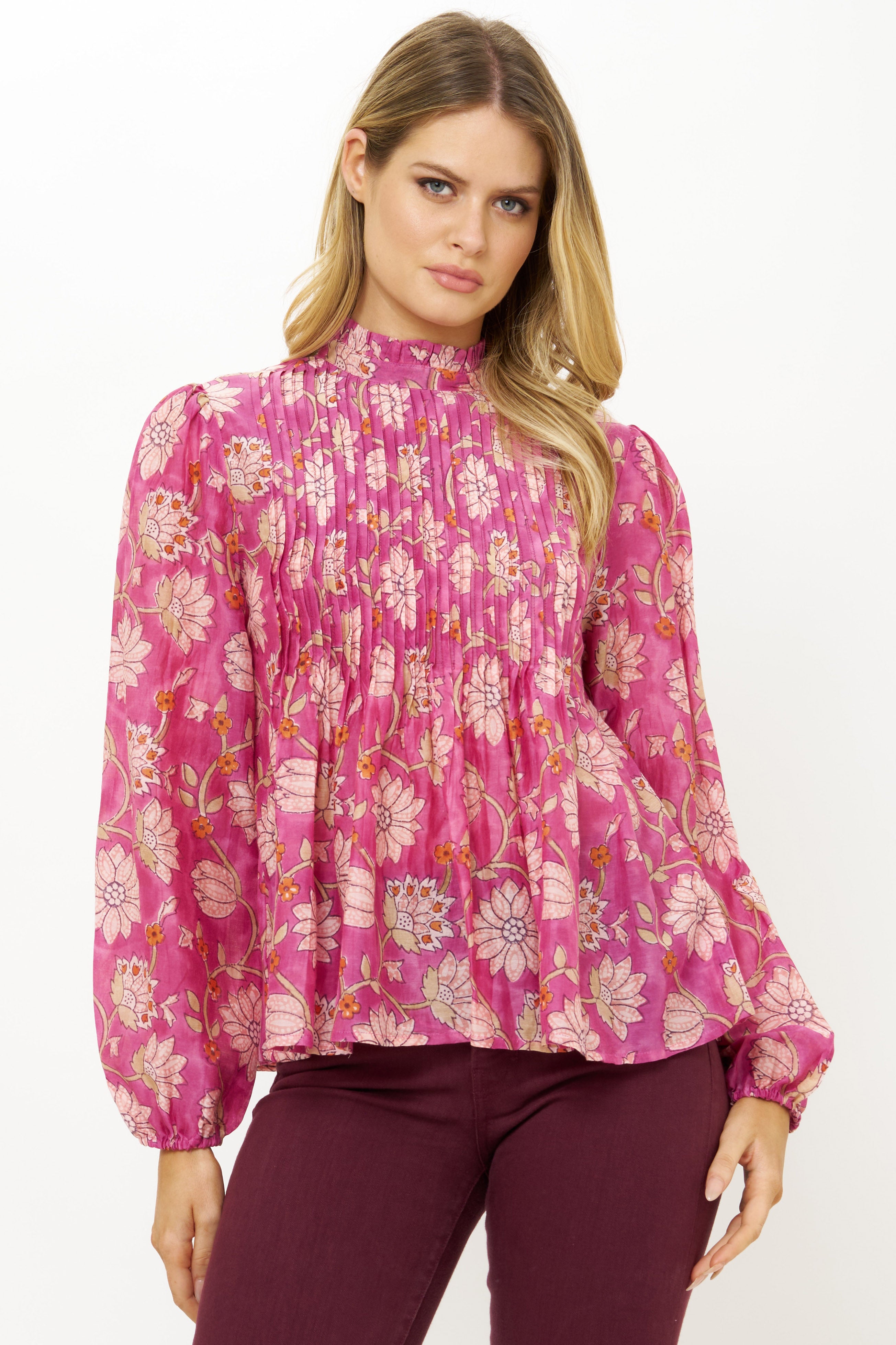 L/S Pintuck Blouse Presidio Magenta