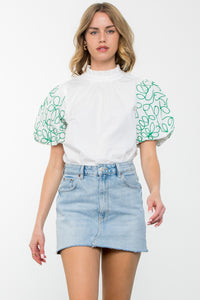 Embroidered Puff Top White