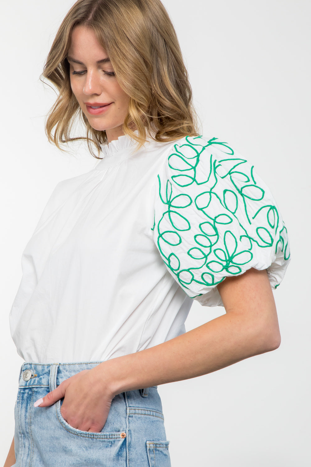 Embroidered Puff Top White