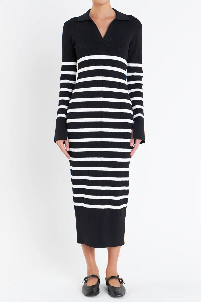 Collar Knit Midi Dress Black/Off White