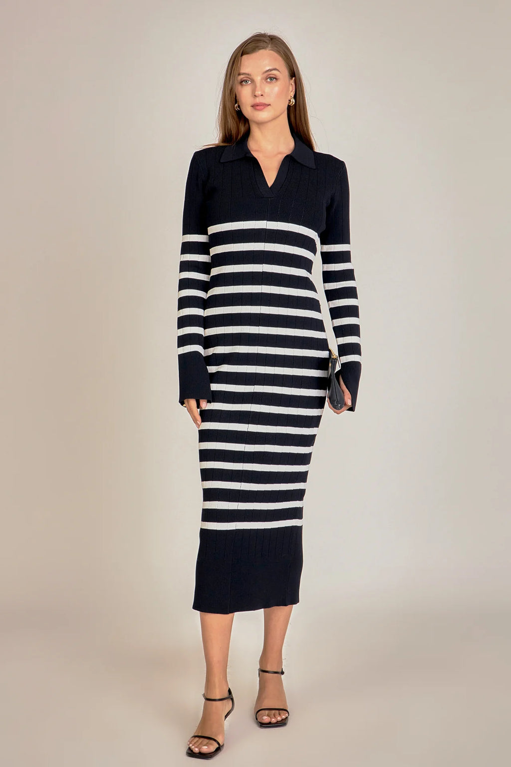 Collar Knit Midi Dress Black/Off White