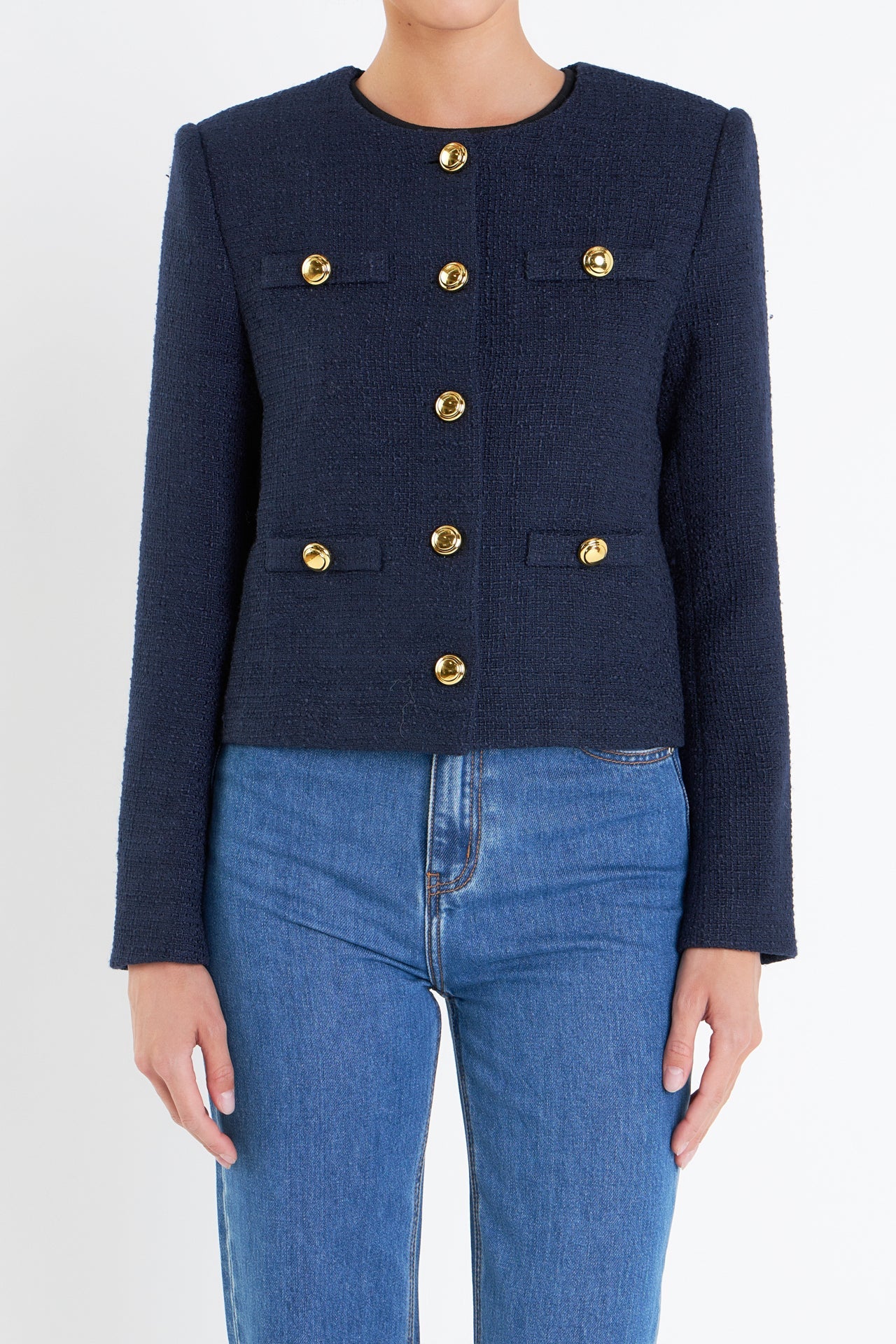 Gold Button Pointed Tweed Jacket Navy