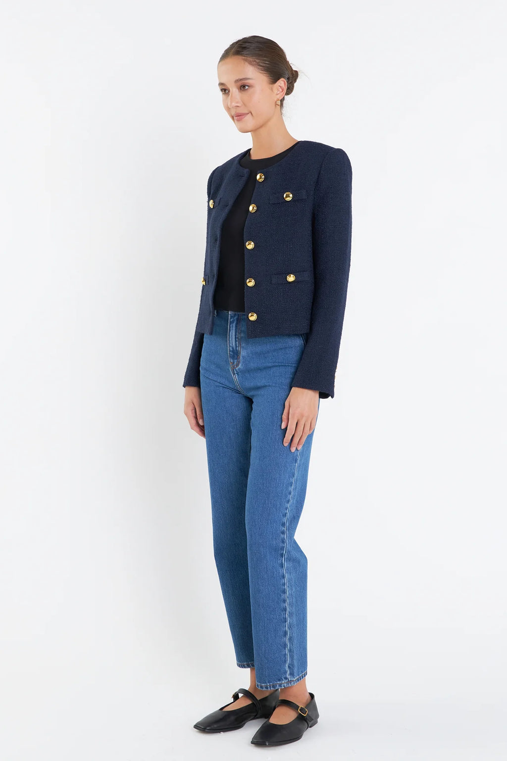 Gold Button Pointed Tweed Jacket Navy